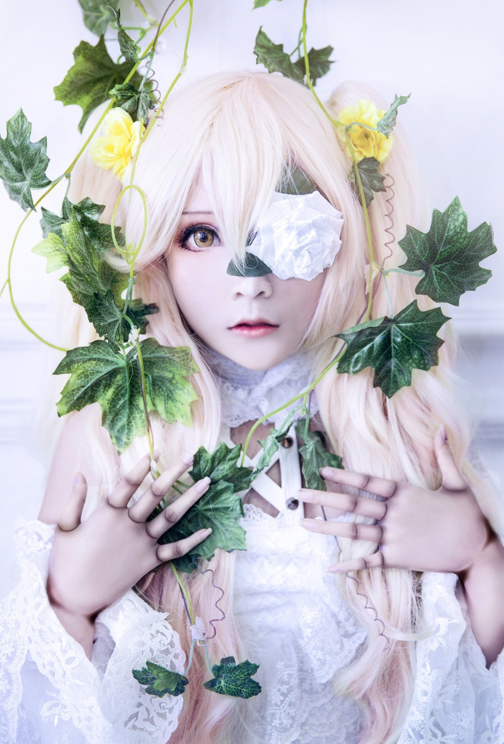 1girl flower frills kirakishou leaf lips looking_at_viewer one_eye_covered plant solo upper_body white_dress white_hair white_rose
