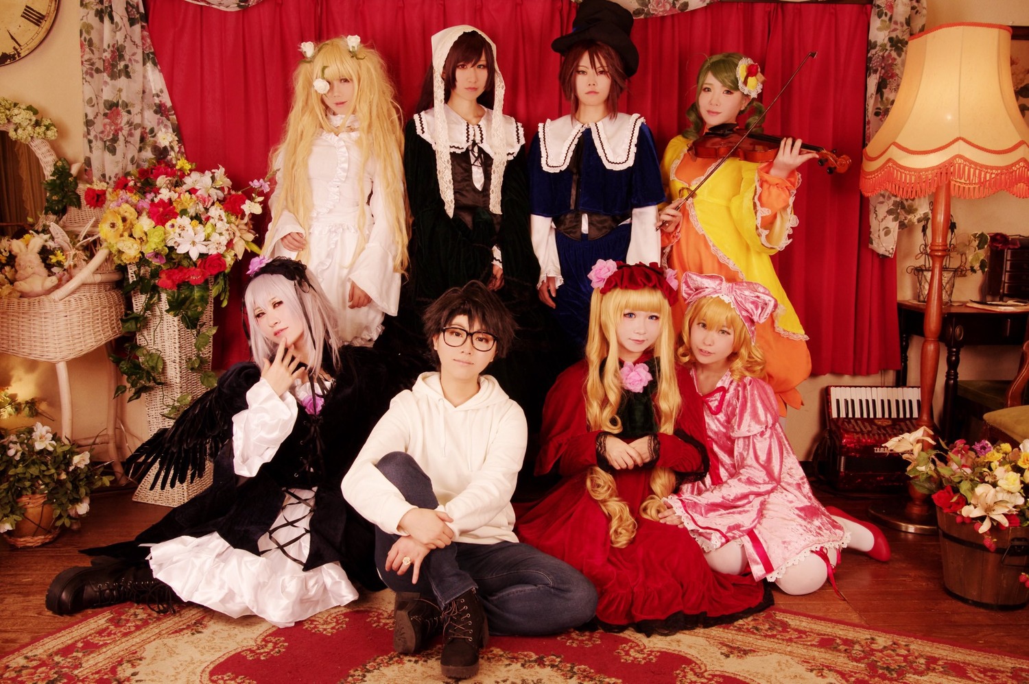 6+girls apron black_hair blonde_hair boots bow brown_hair closed_eyes curtains dress flower glasses hair_ornament hat jewelry long_hair long_sleeves multiple_boys multiple_cosplay multiple_girls pants pantyhose sitting tagme