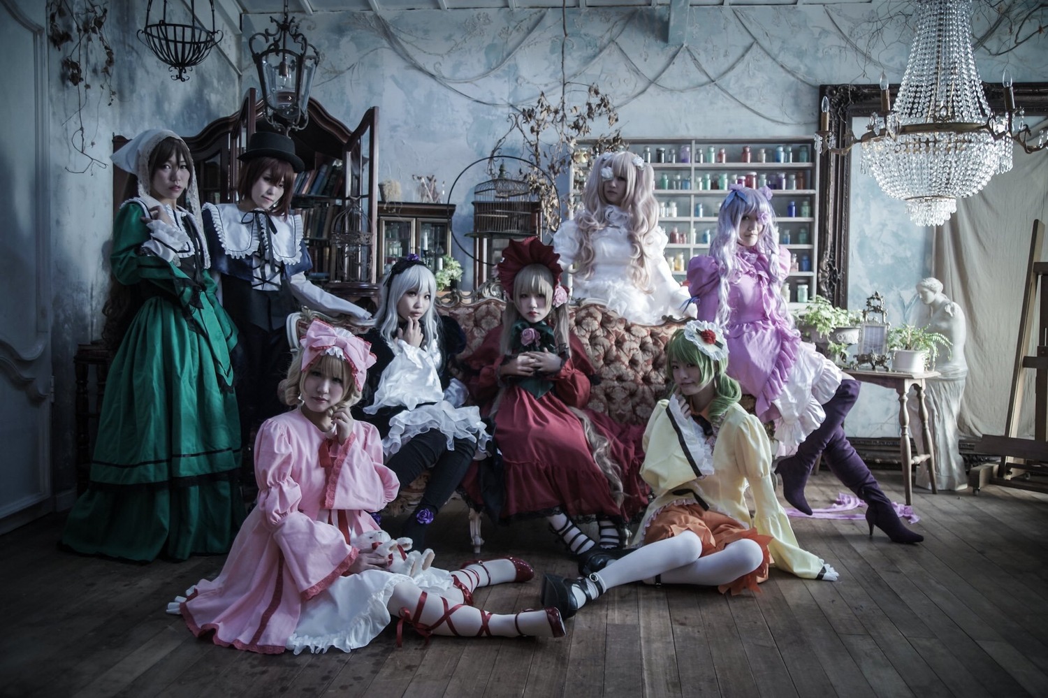 6+girls black_hair blonde_hair bow dress hair_bow hat long_hair multiple_cosplay multiple_girls pink_hair short_hair sitting tabard tagme wings