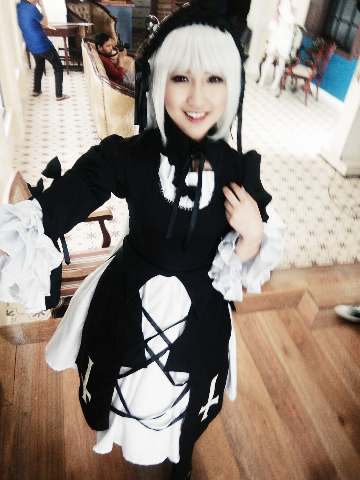 1girl 3d black_dress building dress long_sleeves outdoors photo smile solo suigintou white_hair