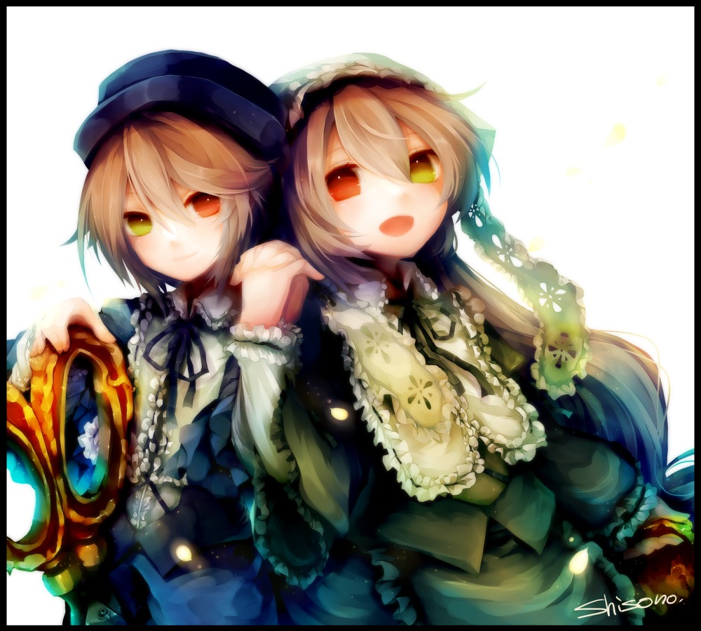2girls brown_hair dress frills hairband hat heterochromia image letterboxed long_hair multiple_girls open_mouth pair red_eyes ribbon short_hair siblings sisters smile souseiseki suiseiseki twins
