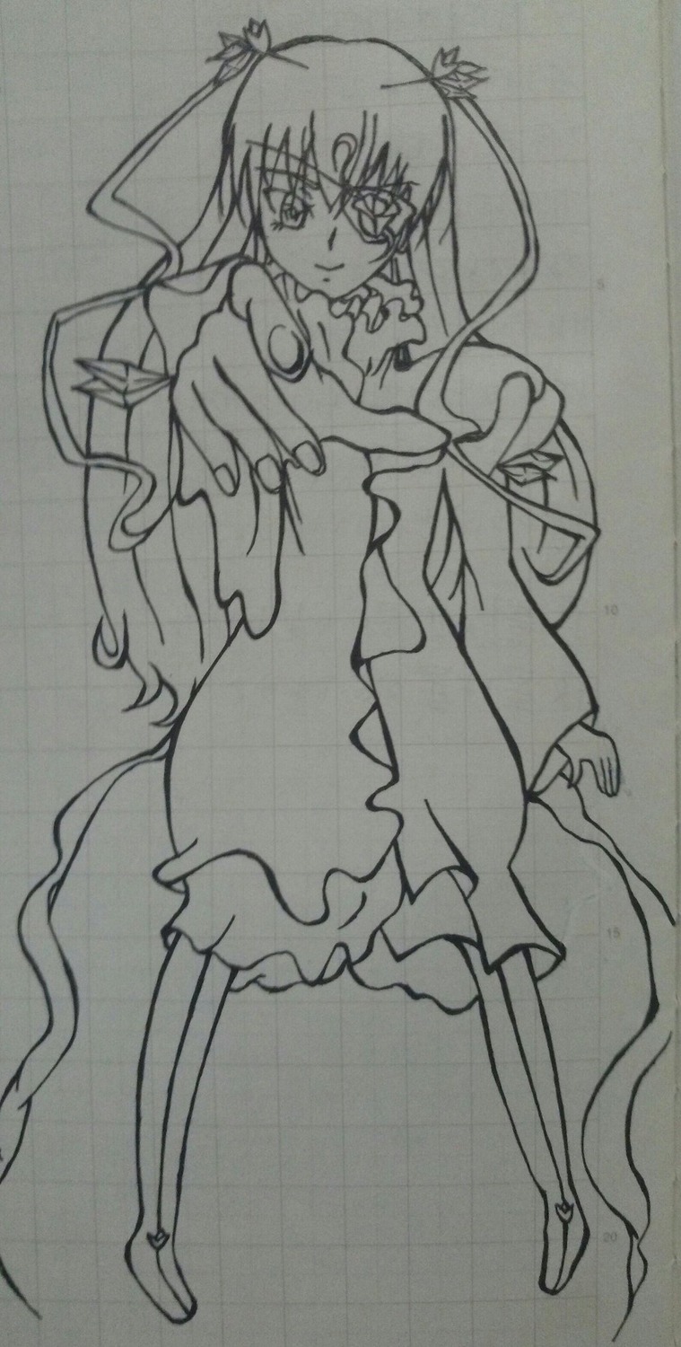 1girl barasuishou dress frills full_body greyscale image long_hair long_sleeves looking_at_viewer monochrome solo standing traditional_media very_long_hair