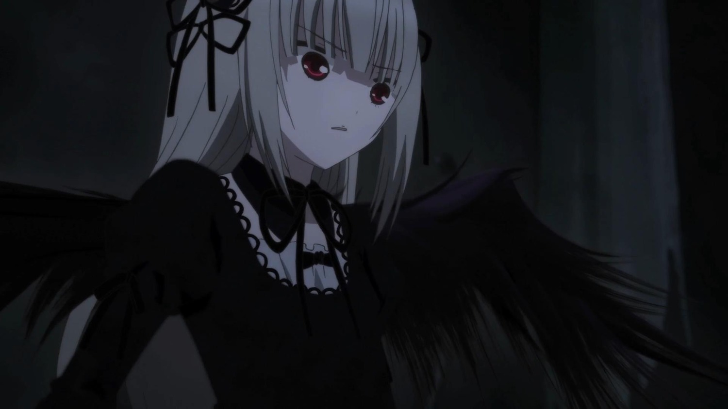 1girl bangs black_dress black_ribbon black_wings closed_mouth dress eyebrows_visible_through_hair feathered_wings hair_ribbon hairband image juliet_sleeves long_hair long_sleeves puffy_sleeves red_eyes ribbon silver_hair solo suigintou upper_body wings