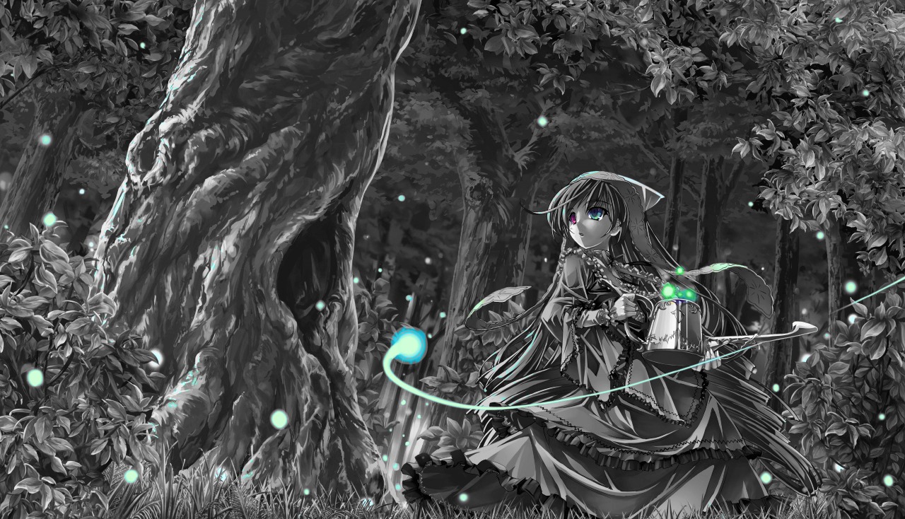 1girl blue_eyes dress glowing hood image long_hair solo spot_color suiseiseki