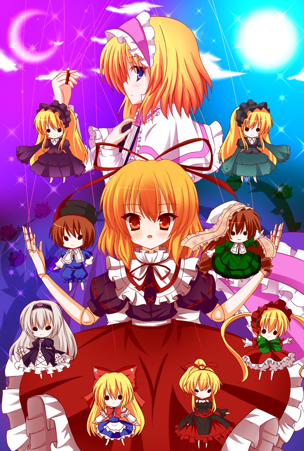 2girls 6+girls :3 alice_margatroid bad_id bad_pixiv_id blonde_hair blue_dress blue_eyes bow brown_hair character_doll crescent_moon doll doll_joints dress frills hairband hat highres hortense image joints kuromari_(runia) long_hair medicine_melancholy moon multiple multiple_girls red_eyes ribbon roman rozen_maiden shanghai_doll shinku short_hair smile sound_horizon souseiseki sparkle su-san suigintou suiseiseki tagme touhou violette
