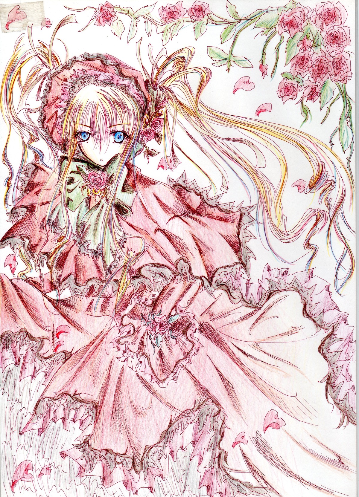 1girl blonde_hair blue_eyes bonnet bow dress flower frills image long_hair looking_at_viewer marker_(medium) petals pink_flower pink_rose red_flower red_rose rose rose_petals shinku solo traditional_media twintails