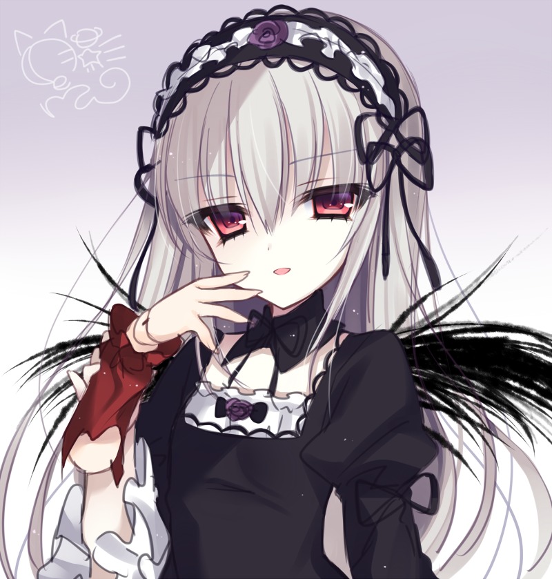 1girl :d bangs black_dress black_ribbon black_wings bow commentary_request detached_collar doll_joints dress eyebrows_visible_through_hair flower frills gothic_lolita gradient gradient_background hair_between_eyes hairband hand_up holding image joints juliet_sleeves lolita_fashion lolita_hairband long_hair long_sleeves looking_at_viewer open_mouth puffy_sleeves red_eyes rose rozen_maiden shinku silver_hair smile solo suigintou torn_clothes tsukikage_nemu upper_body wings