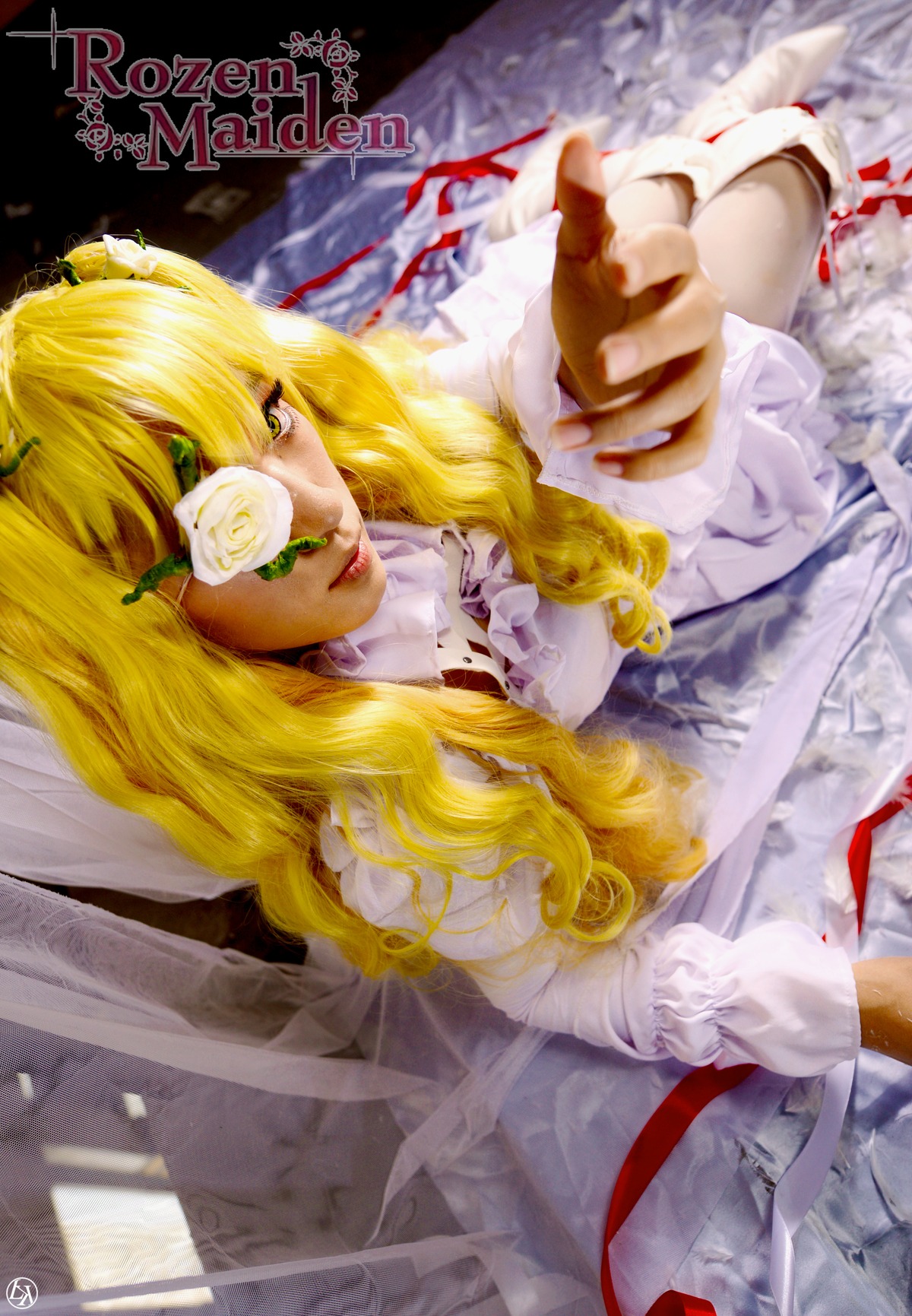 1girl blonde_hair dress eyepatch food frills kirakishou kirisame_marisa lips long_hair ribbon solo yellow_eyes