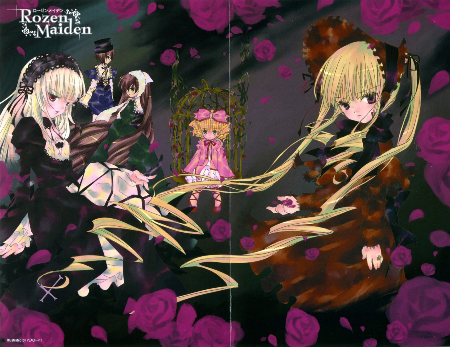 4girls blonde_hair blush bonnet brown_hair dress flower frills hairband headdress hina_ichigo image lolita_fashion lolita_hairband long_hair long_sleeves looking_at_viewer multiple multiple_girls petals pink_flower pink_rose purple_rose red_eyes rose rose_petals shinku siblings sisters souseiseki suigintou suiseiseki tagme twintails very_long_hair