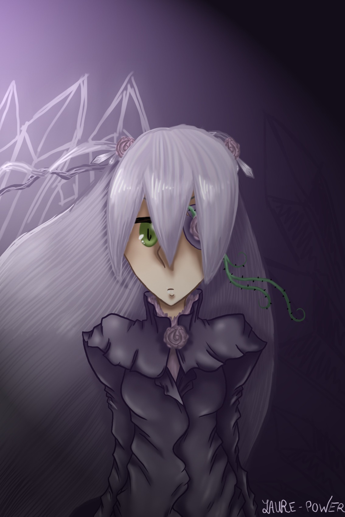 1girl barasuishou dress expressionless flower green_eyes image looking_at_viewer rose solo twintails upper_body