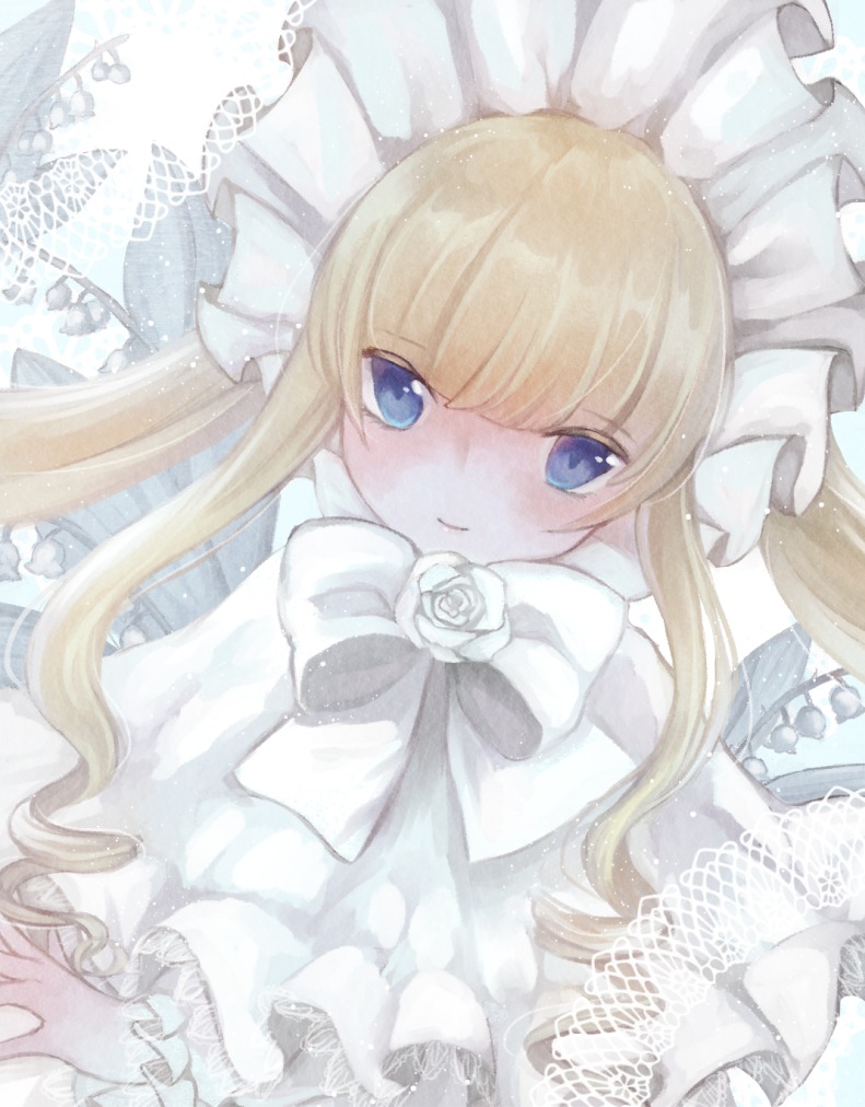 1girl bangs blonde_hair blue_eyes blush bonnet bow closed_mouth dress eyebrows_visible_through_hair flower frills image lolita_fashion long_hair looking_at_viewer marker_(medium) rose shinku solo traditional_media twintails very_long_hair white_bow white_dress white_flower white_rose