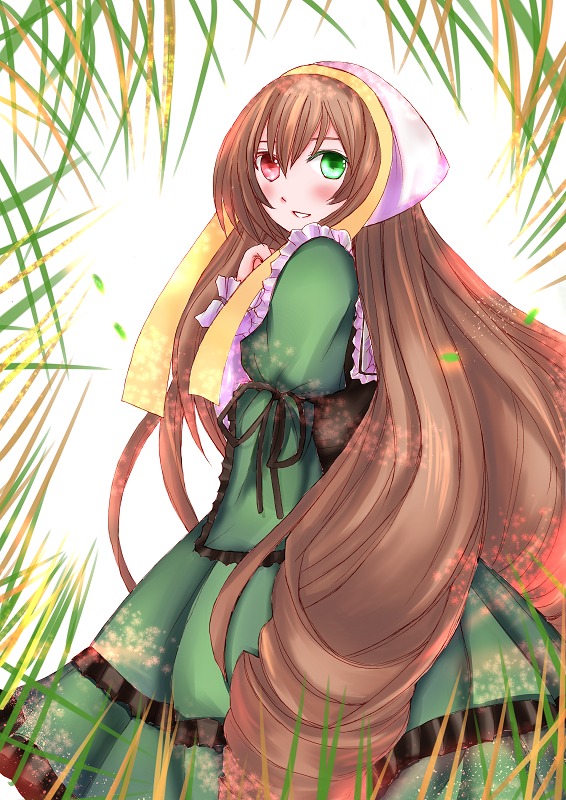 1girl blush brown_hair dress frills green_dress green_eyes head_scarf heterochromia image long_hair long_sleeves looking_at_viewer looking_back plant red_eyes ribbon smile solo suiseiseki very_long_hair