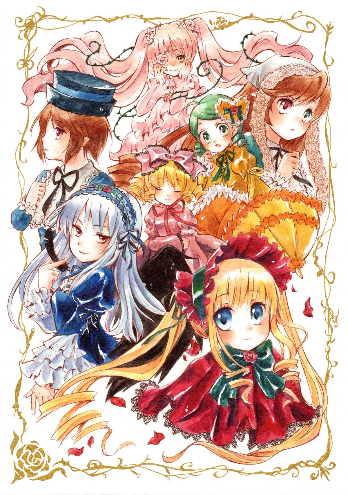 6+girls absurdres bad_id bad_pixiv_id blonde_hair blue_eyes blush bonnet bow brown_hair closed_eyes dress flower frills green_eyes green_hair hanekoto hat heterochromia highres hina_ichigo image kanaria kirakishou long_hair long_sleeves looking_at_viewer multiple multiple_girls painting_(medium) pink_bow pink_hair red_eyes rose rozen_maiden shinku short_hair siblings sisters smile souseiseki suigintou suiseiseki tagme top_hat traditional_media twins twintails umbrella watercolor_(medium)