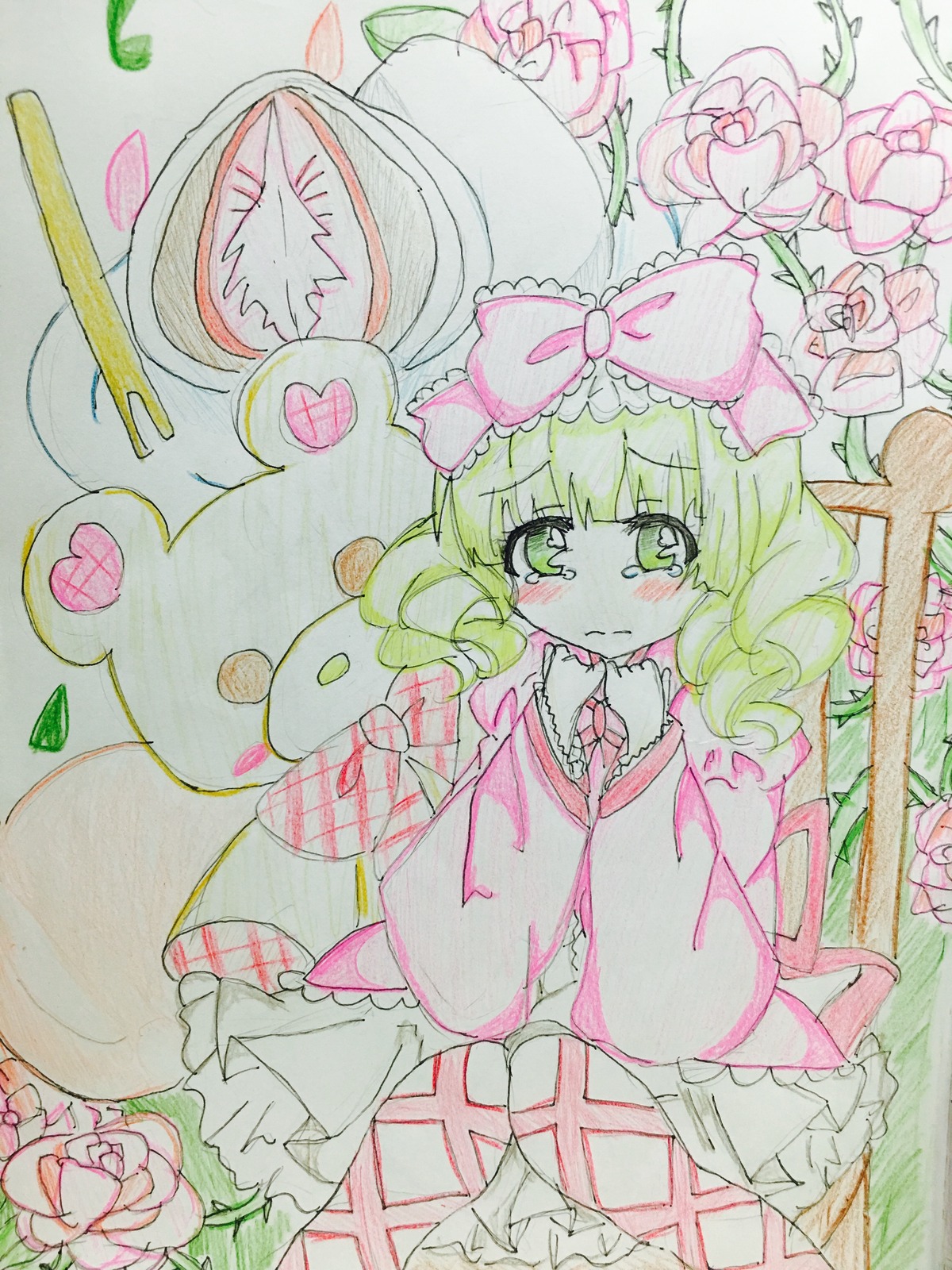 1girl blonde_hair blush bow crying crying_with_eyes_open dress flower frills green_eyes hair_bow hina_ichigo hinaichigo image leaf long_sleeves pink_bow rose short_hair solo stuffed_animal tears teddy_bear traditional_media watercolor_(medium)