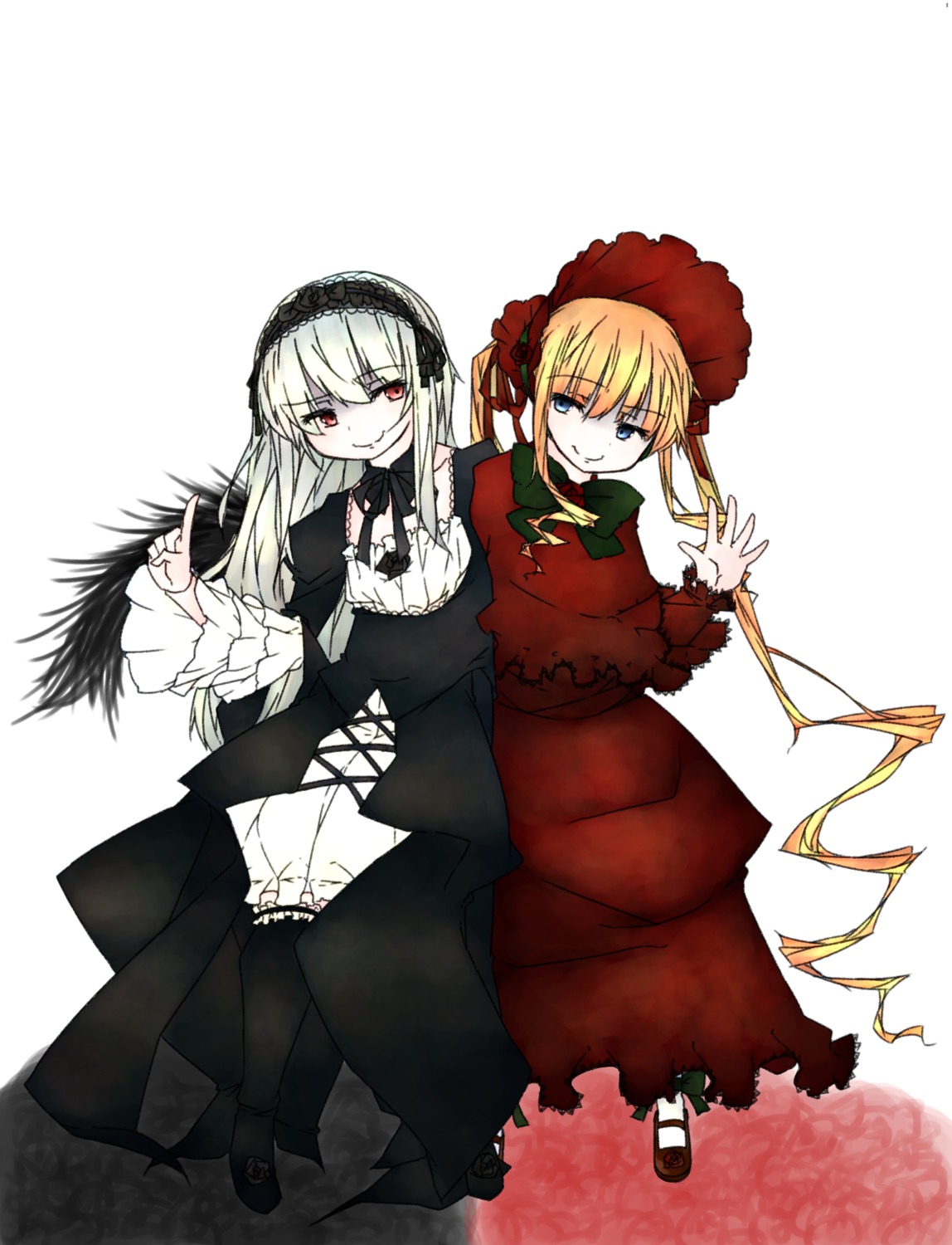 2girls blonde_hair blue_eyes bonnet dress drill_hair flower frills hairband image long_hair long_sleeves looking_at_viewer multiple_girls pair red_dress red_eyes rose shinku silver_hair smile suigintou twintails wings