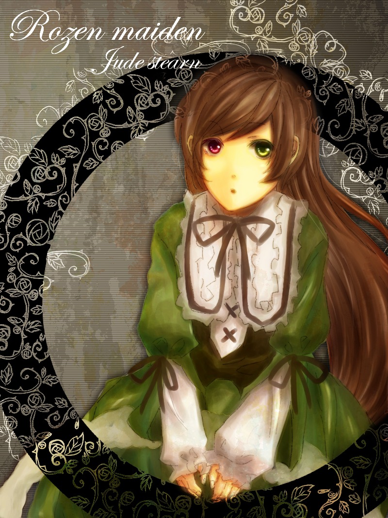 1girl brown_hair dress frills green_dress green_eyes heterochromia image long_hair long_sleeves looking_at_viewer red_eyes ribbon sitting solo suiseiseki very_long_hair