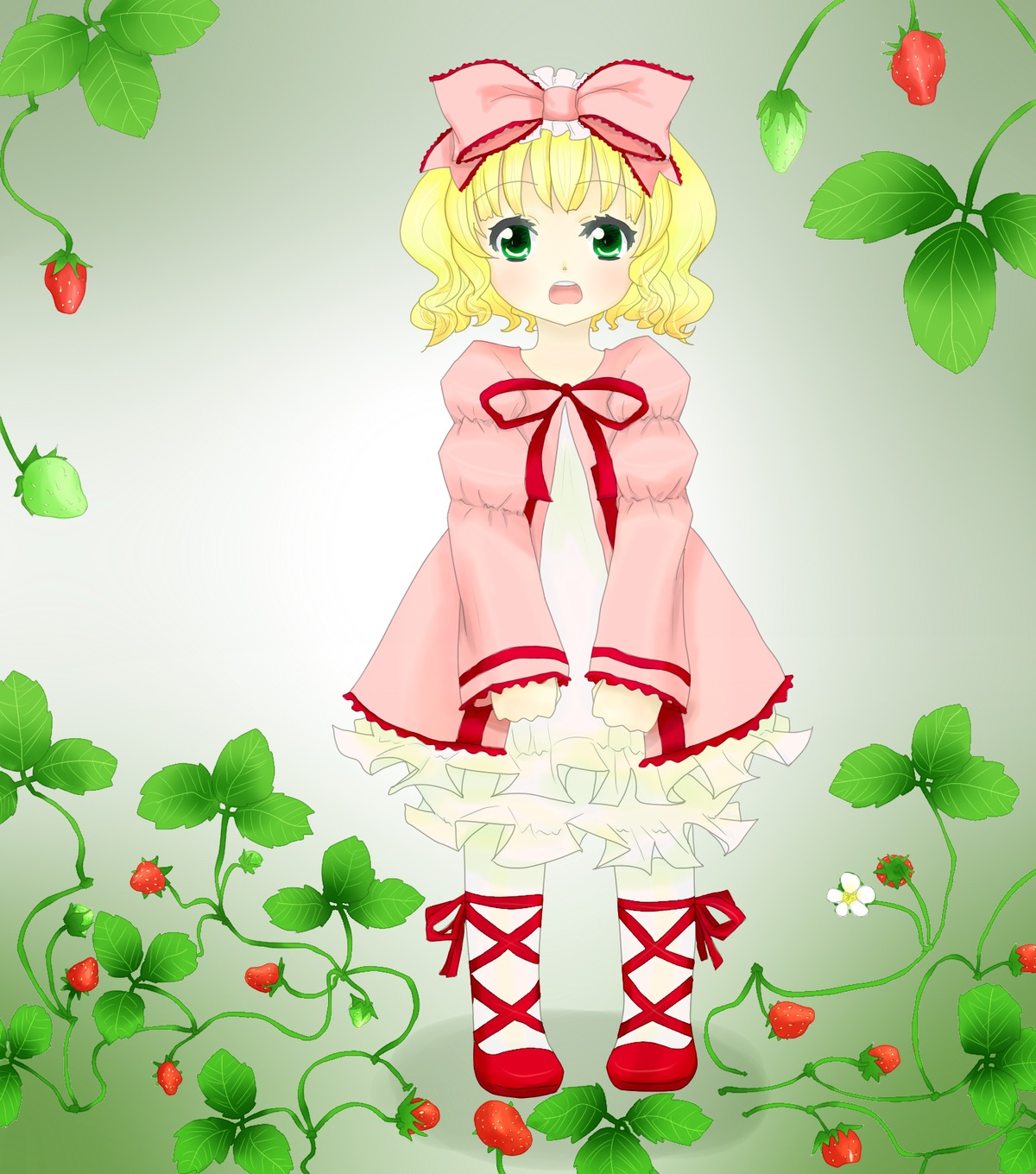 1girl apple blonde_hair bow cherry dress flower food food_print fruit grapes green_eyes hair_bow hina_ichigo hinaichigo holding_fruit image leaf long_sleeves object_namesake open_mouth orange pink_bow plant puffy_sleeves red_flower ribbon short_hair solo strawberry strawberry_hair_ornament strawberry_print striped tomato tulip vines watermelon white_legwear