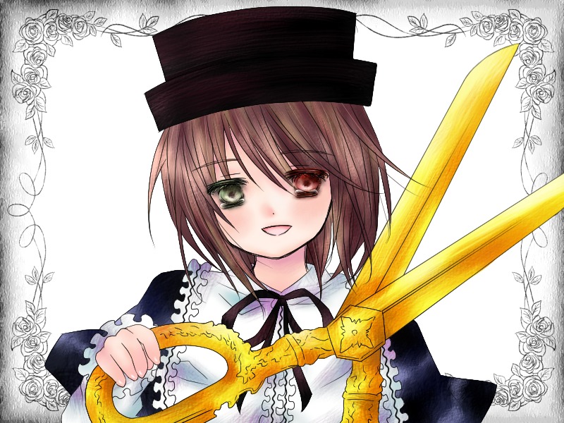 1girl :d brown_hair flower green_eyes hat heterochromia image looking_at_viewer open_mouth ribbon rose short_hair smile solo souseiseki suiseiseki upper_body yuuri