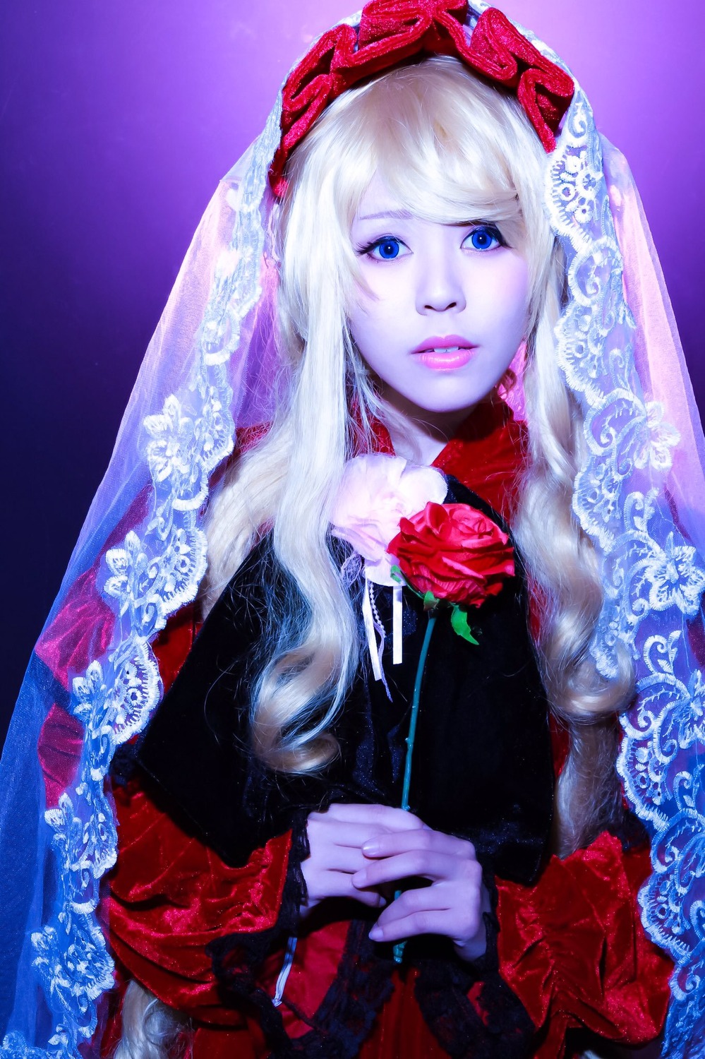 1girl blue_eyes flower lips long_hair looking_at_viewer makeup red_flower red_rose rose shinku solo veil white_hair