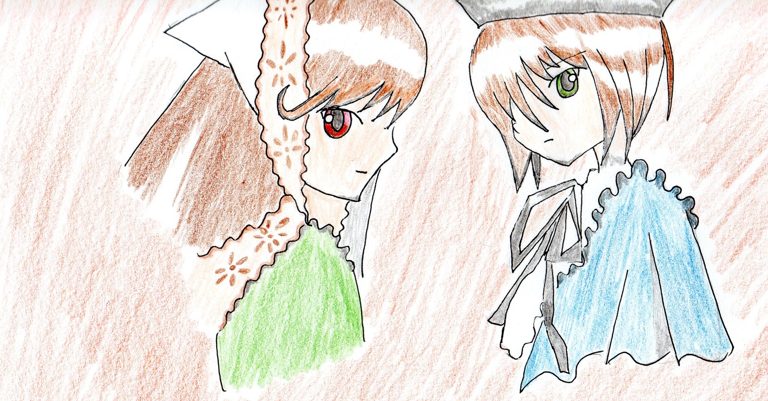 2girls brown_hair green_eyes hat image looking_at_viewer multiple_girls pair red_eyes short_hair siblings simple_background sisters smile souseiseki suiseiseki twins