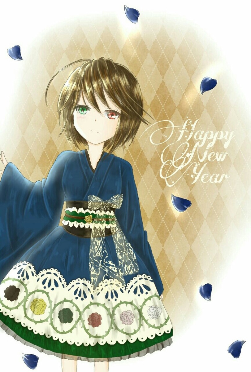 1girl ahoge argyle argyle_background argyle_legwear brown_hair checkered checkered_background checkered_floor checkered_kimono chess_piece dress green_eyes heterochromia image japanese_clothes kimono perspective petals red_eyes short_hair solo souseiseki tile_floor tile_wall tiles