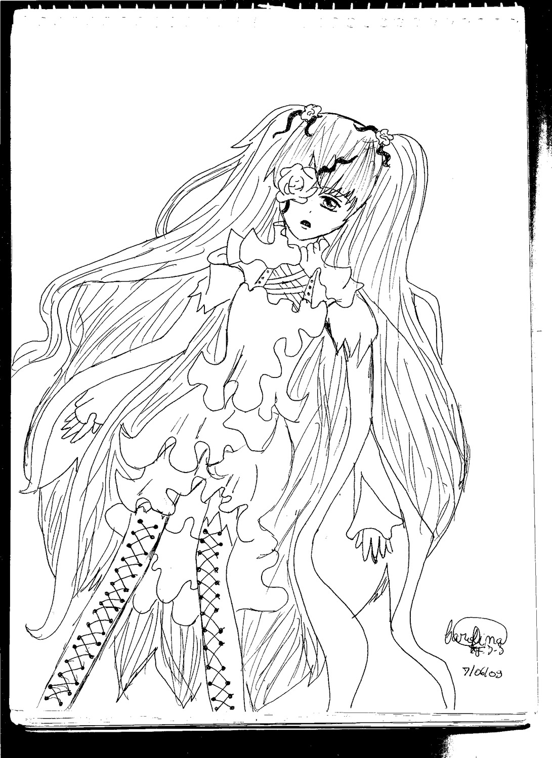 1girl bare_shoulders boots cross-laced_footwear dated dress eyepatch flower greyscale image kirakishou long_hair looking_at_viewer monochrome signature solo thigh_boots very_long_hair