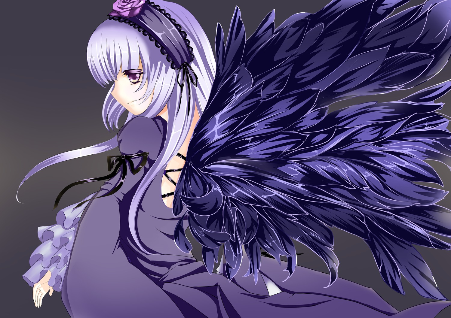 1girl black_ribbon black_wings dress flower frills grey_background hairband image lolita_hairband long_hair long_sleeves looking_back puffy_sleeves ribbon rose silver_hair simple_background solo suigintou very_long_hair wings