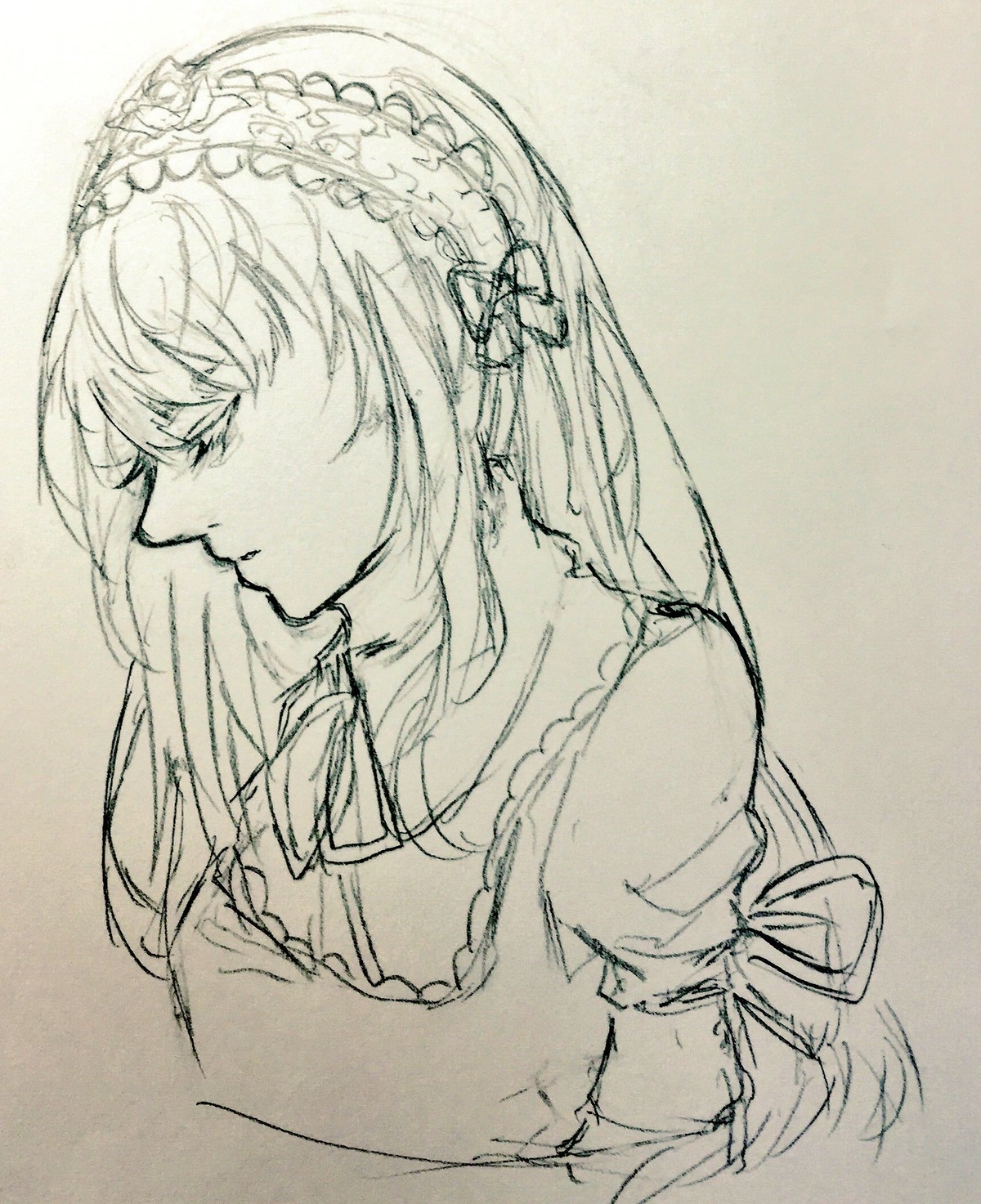 1girl bangs closed_eyes closed_mouth frills greyscale hairband image long_hair monochrome profile simple_background sketch solo suigintou traditional_media upper_body