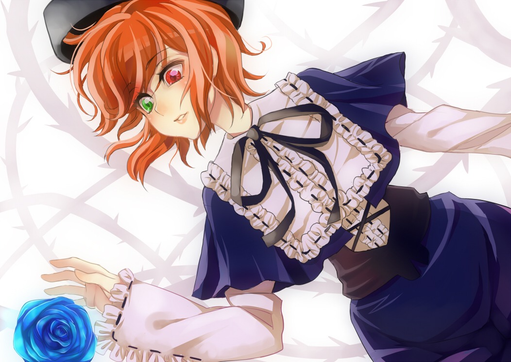 1girl blue_flower blue_rose capelet flower frills green_eyes hat heterochromia image long_sleeves red_eyes ribbon rose short_hair solo souseiseki