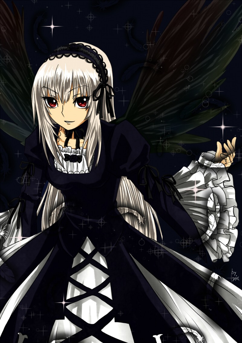 1girl black_dress black_ribbon black_wings dress flower frilled_sleeves frills hairband image juliet_sleeves long_hair long_sleeves looking_at_viewer puffy_sleeves red_eyes ribbon rose silver_hair solo sparkle star_(sky) suigintou wings