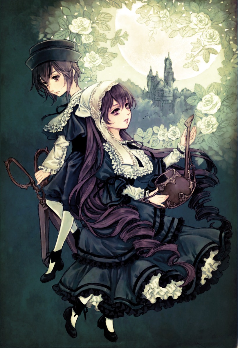 1boy 1girl 2girls breasts brown_eyes brown_hair castle commentary_request dress drill_hair flower frills hat highres image lolita_fashion long_hair multiple_girls pair purple_eyes rose rozen_maiden scissors short_hair siblings souseiseki suiseiseki top_hat twins twintails very_long_hair watering_can white_flower white_rose yukishiro_(hitsuji)