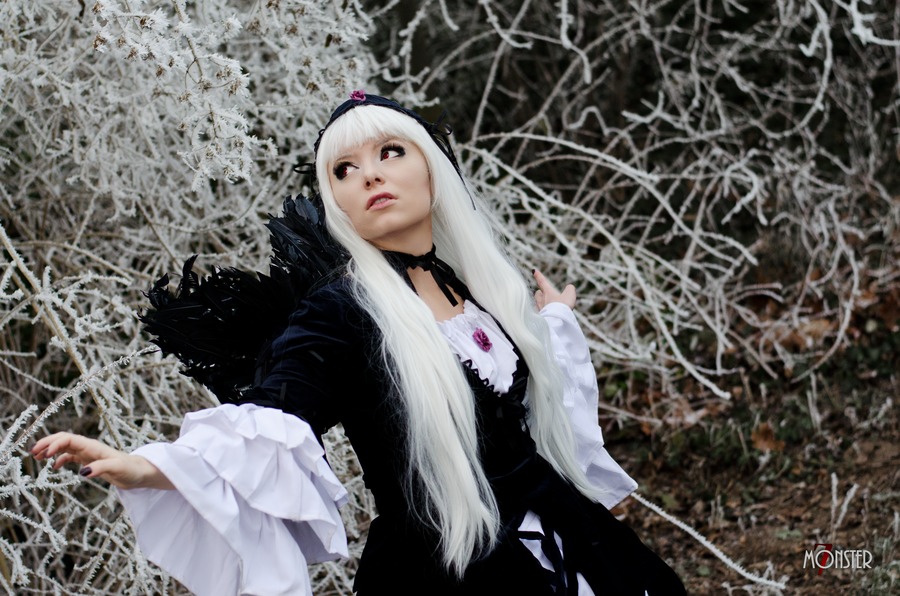 1girl 3d black_dress dress gothic_lolita hairband lace lips lolita_fashion long_hair long_sleeves solo suigintou watermark white_hair
