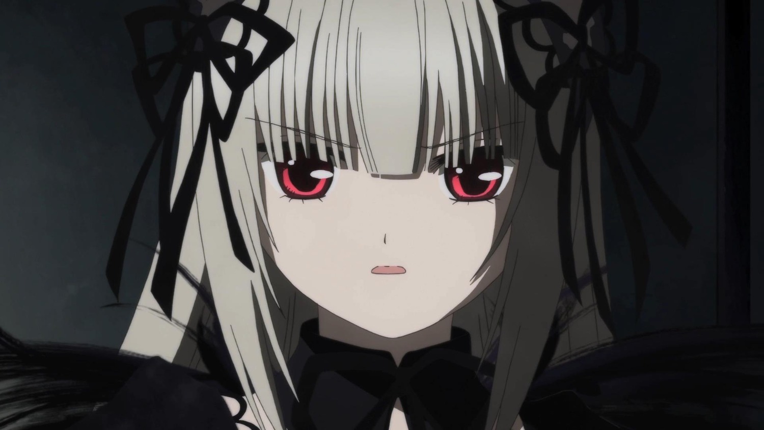 1girl bangs black_ribbon black_wings detached_collar dress eyebrows_visible_through_hair flower hair_ribbon image long_hair looking_at_viewer parted_lips pink_eyes ribbon rose solo suigintou