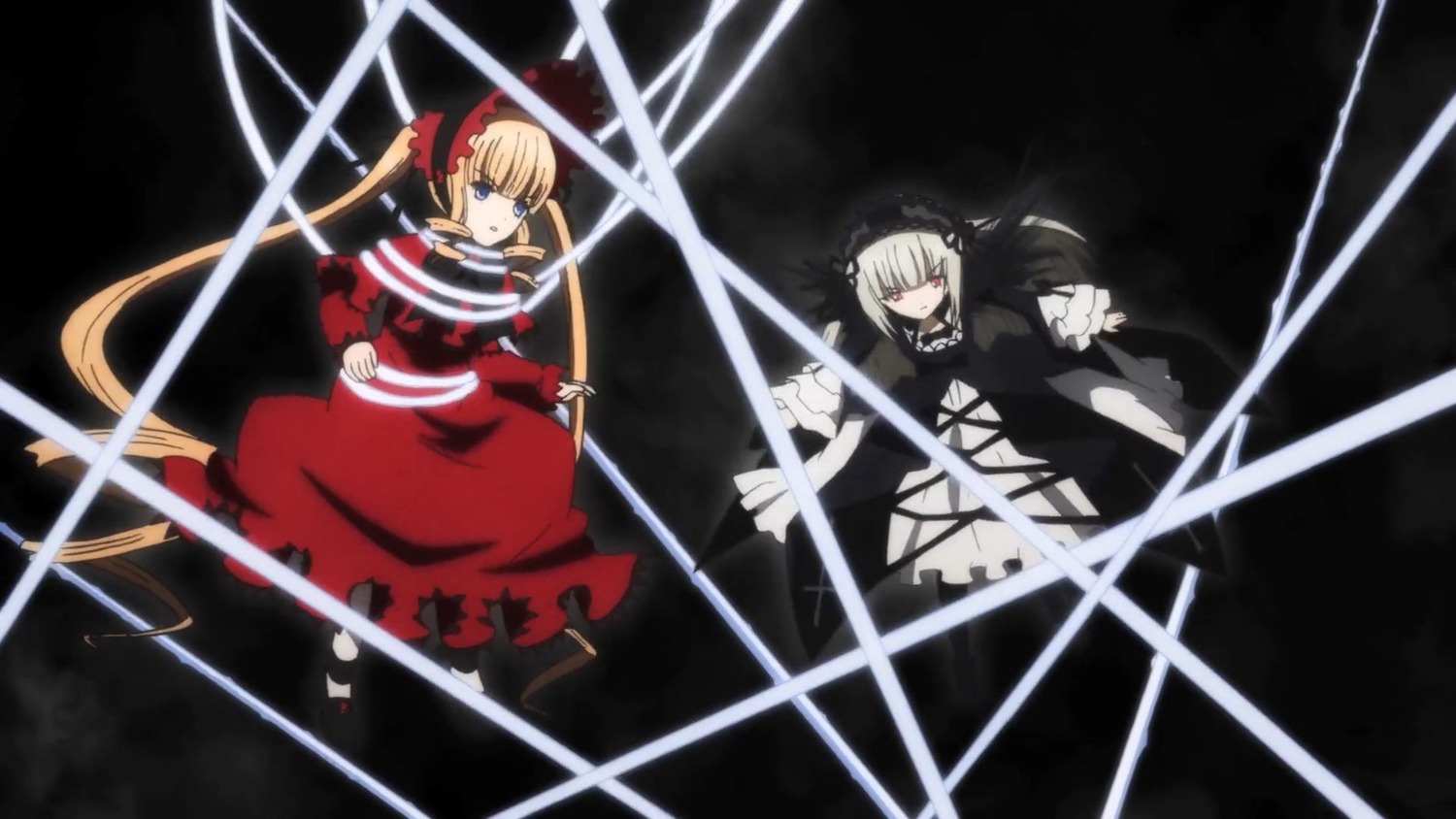 2girls blonde_hair blue_eyes bow dress flower hairband image long_hair long_sleeves multiple_girls pair red_dress red_eyes shinku suigintou weapon wings