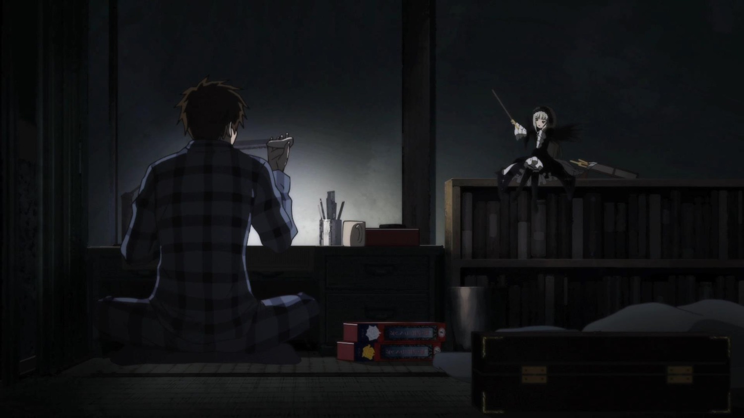 2boys black_hair dark image indoors multiple_boys sakurada_jun sitting solo suigintou table