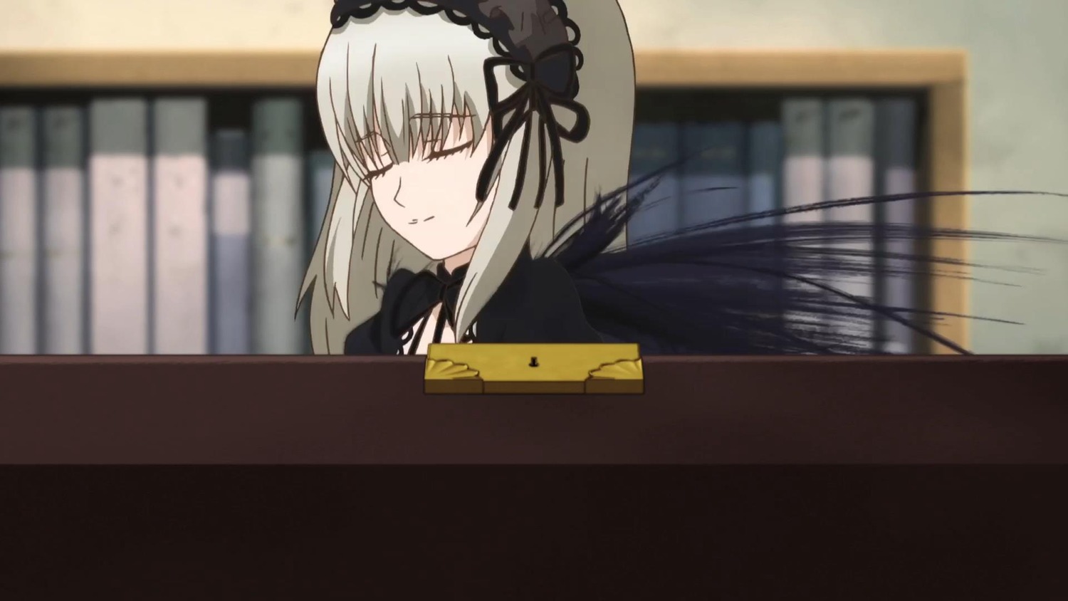 1girl bangs black_dress black_ribbon blurry blurry_background closed_eyes closed_mouth depth_of_field dress eyebrows_visible_through_hair hairband image long_hair ribbon silver_hair solo suigintou