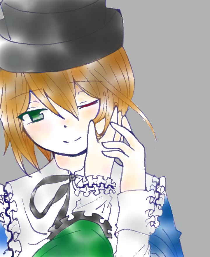 1girl black_headwear blonde_hair blush dress frills green_dress green_eyes grey_background hat image long_sleeves one_eye_closed ribbon short_hair simple_background smile solo solo_focus souseiseki