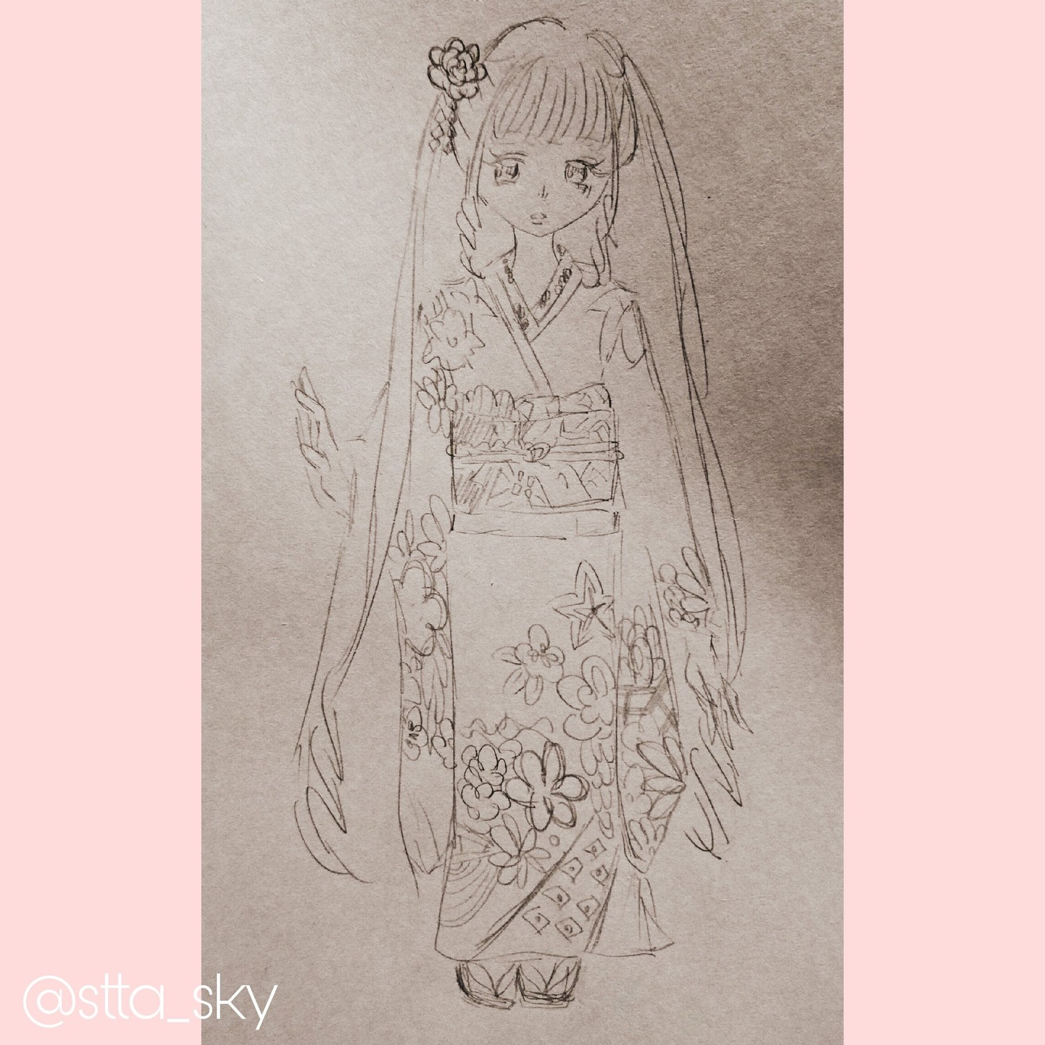 1girl bangs floral_print flower greyscale hair_flower hair_ornament image japanese_clothes long_hair long_sleeves looking_at_viewer monochrome shinku solo standing twintails