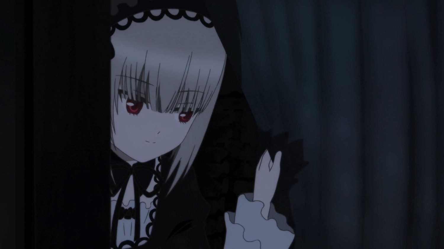 1girl bangs closed_mouth curtains dress eyebrows_visible_through_hair image long_sleeves looking_at_viewer red_eyes smile solo suigintou