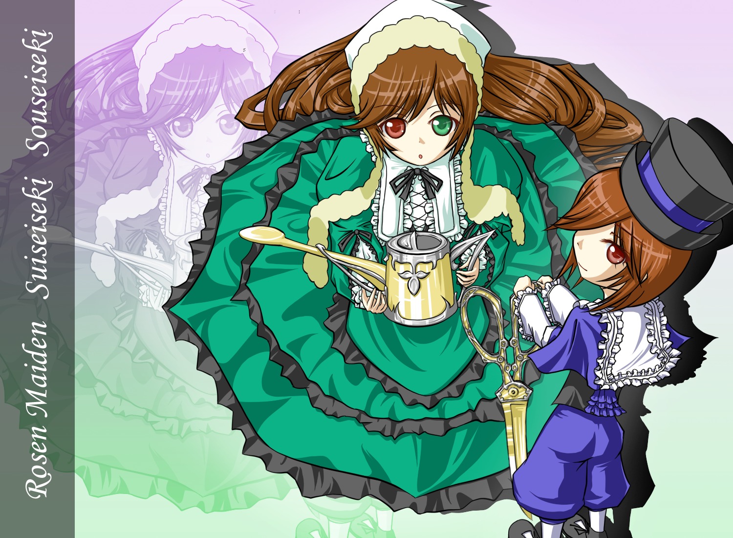 brown_hair dress frills green_dress green_eyes hat heterochromia image long_hair long_sleeves looking_at_viewer multiple_girls pair red_eyes siblings sisters souseiseki suiseiseki top_hat twins very_long_hair watering_can