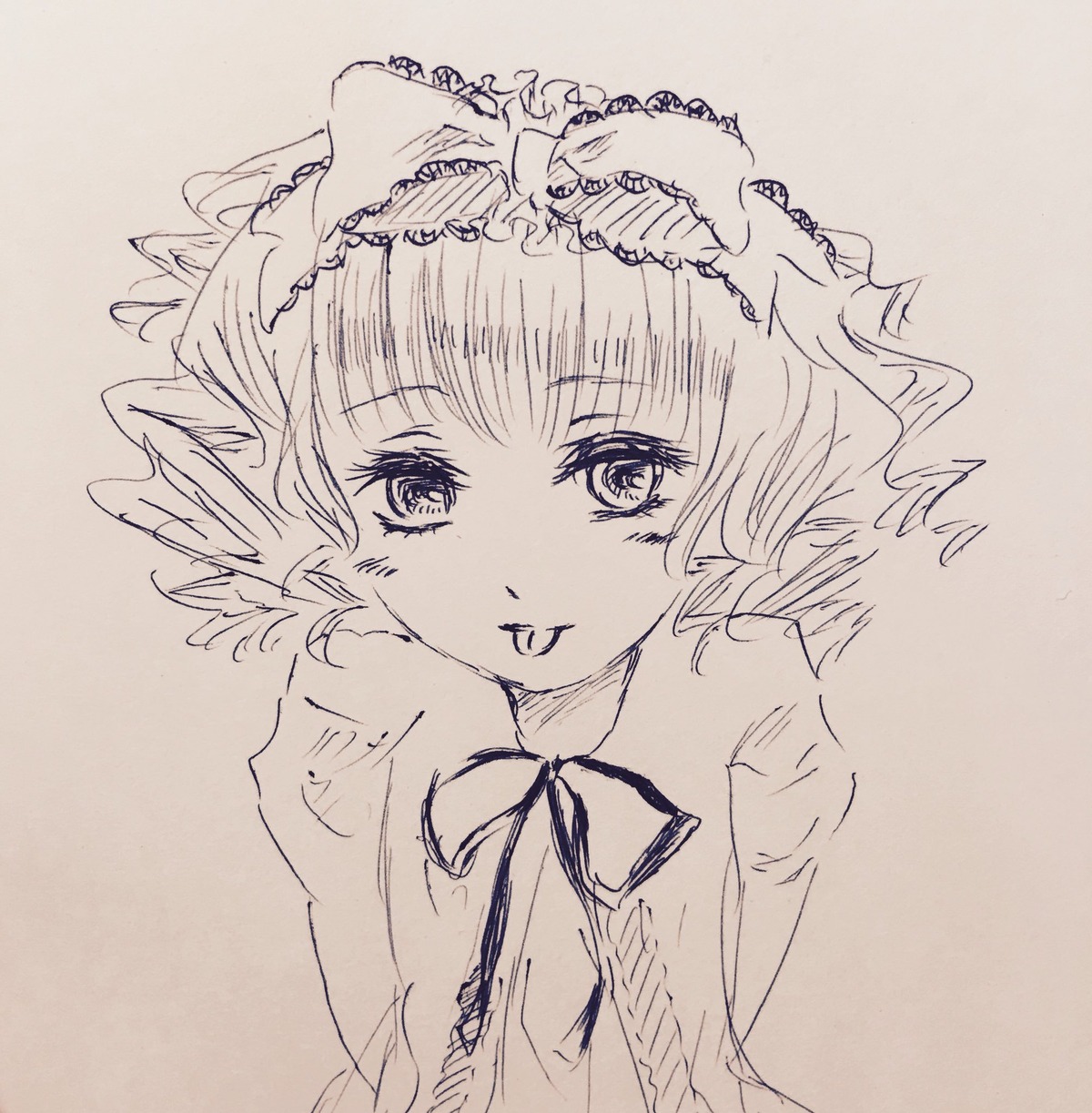 1girl :p bangs hinaichigo image looking_at_viewer monochrome short_hair simple_background sketch smile solo tongue tongue_out traditional_media upper_body