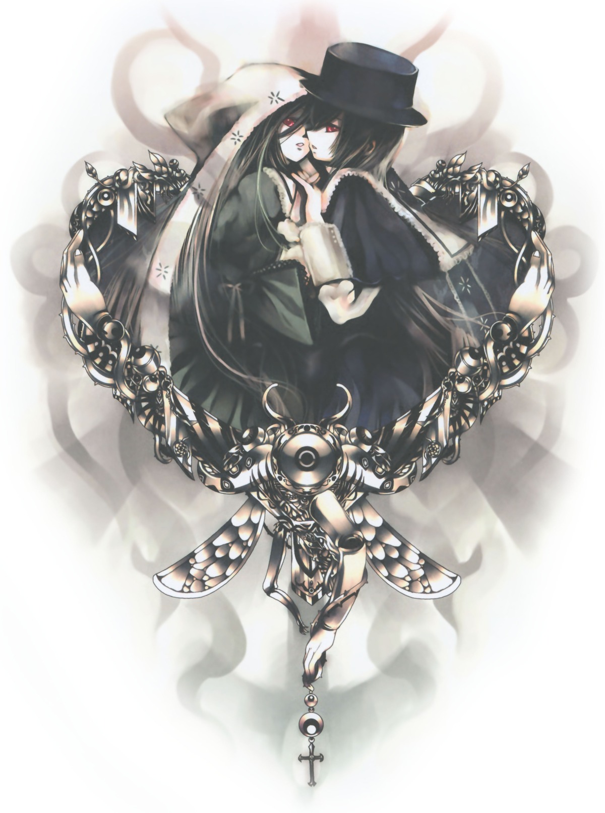 1girl black_hair dress hat image long_hair pair red_eyes short_hair souseiseki suiseiseki top_hat