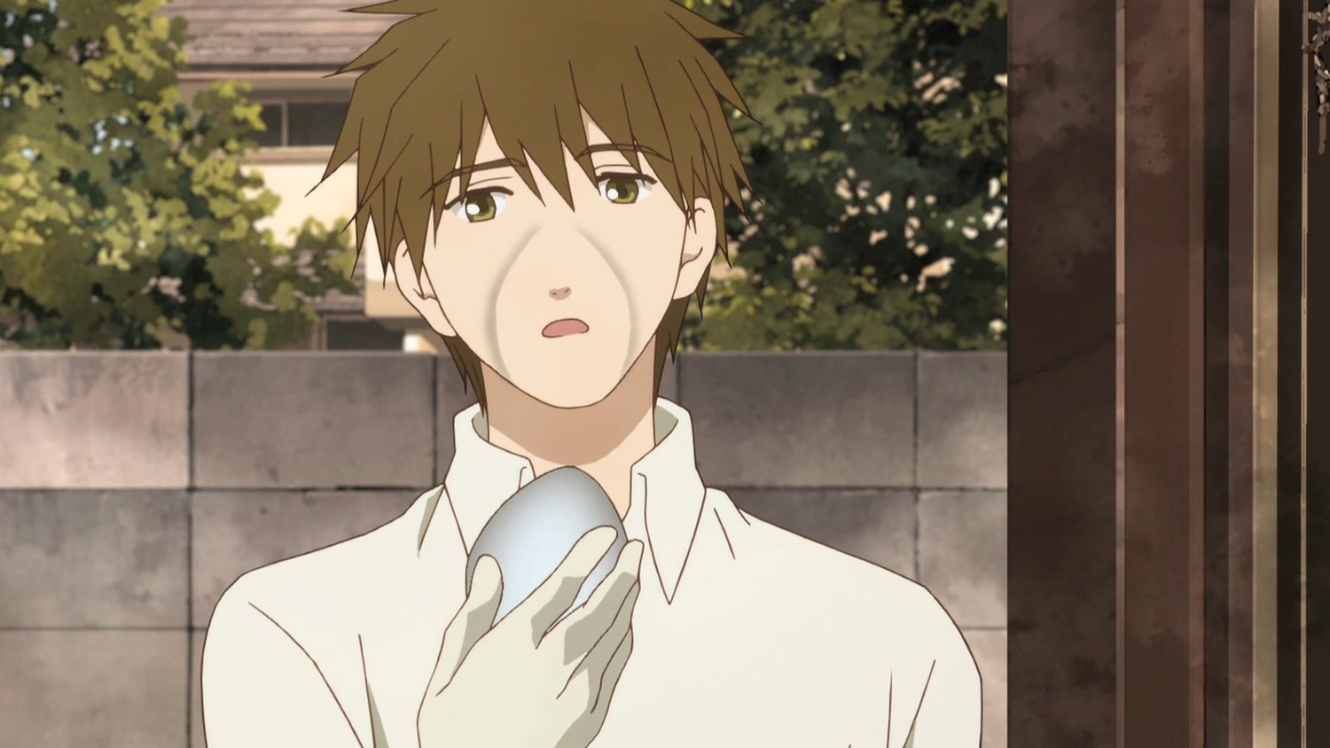 1boy auto_tagged bangs brown_hair collared_shirt day dress_shirt green_eyes holding human looking_at_viewer open_mouth outdoors sakurada_jun screenshot shirt solo tree upper_body white_shirt wing_collar
