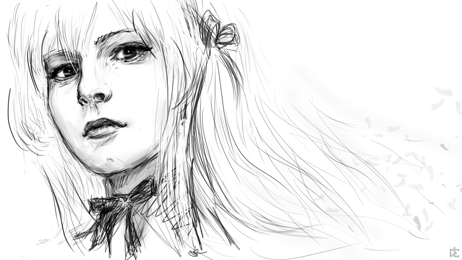 1girl greyscale image lips long_hair looking_at_viewer monochrome solo suigintou