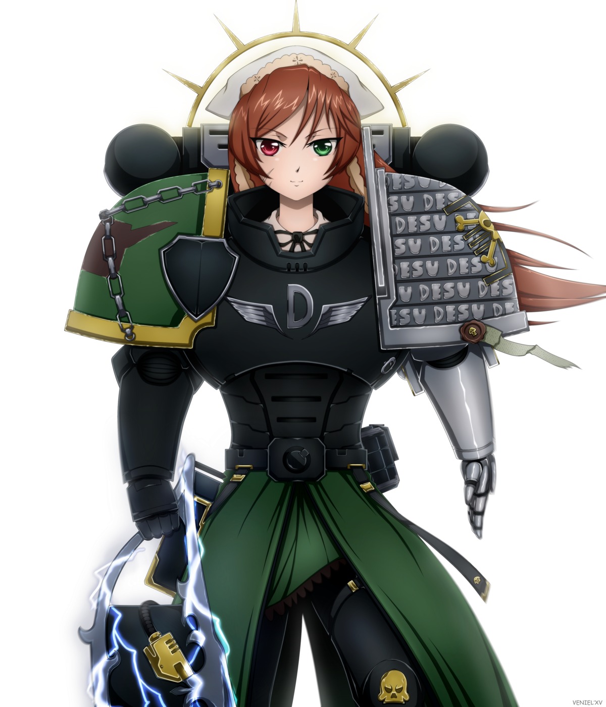 1girl brown_hair chain green_eyes heterochromia holding image red_eyes smile solo suiseiseki white_background
