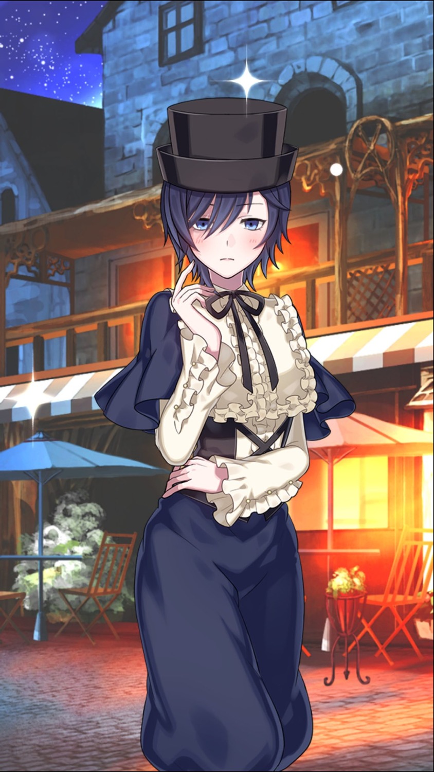 1girl black_headwear blue_eyes blue_hair blush frilled_shirt frills hair_between_eyes hat image long_sleeves looking_at_viewer night ribbon short_hair skirt solo souseiseki