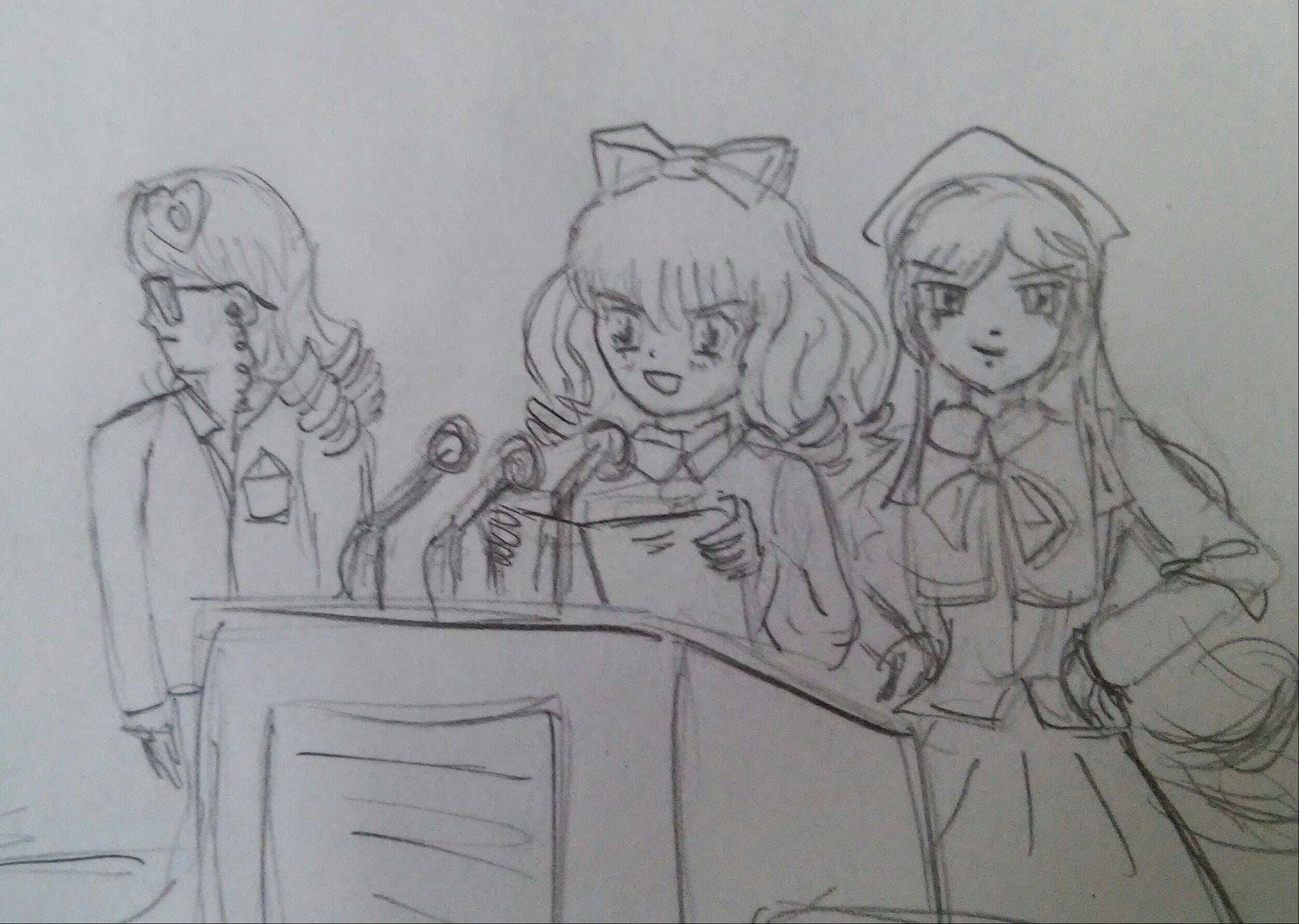 1boy 2girls 3girls apron crossover greyscale hair_ornament hat image long_hair long_sleeves monochrome multiple multiple_girls sketch tagme traditional_media