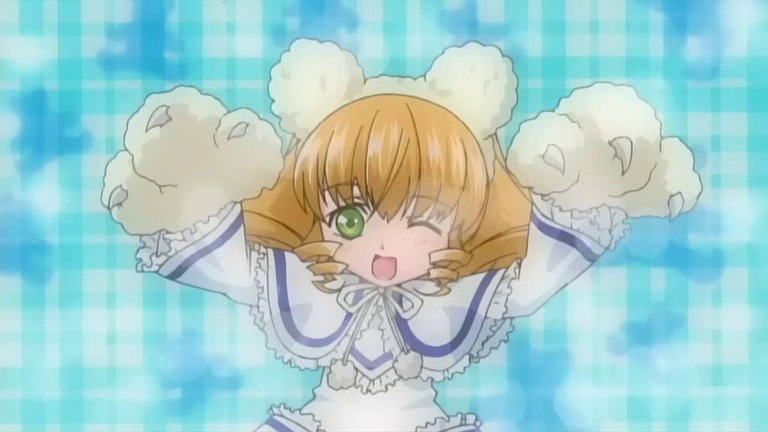 1girl ;d animal_ears blonde_hair capelet cat_ears green_eyes hina_ichigo hinaichigo image long_sleeves looking_at_viewer non-web_source one_eye_closed open_mouth paws rozen_maiden screencap smile solo
