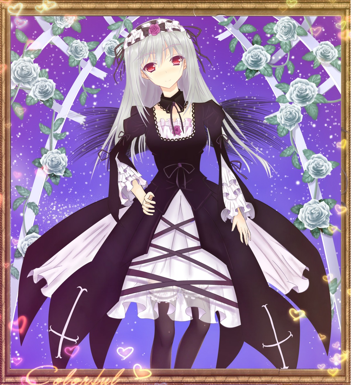 1girl black_dress card_(medium) dress flower frame frills hairband hand_on_hip image lolita_hairband long_hair looking_at_viewer pantyhose purple_rose red_eyes ribbon rose silver_hair solo suigintou white_flower white_rose