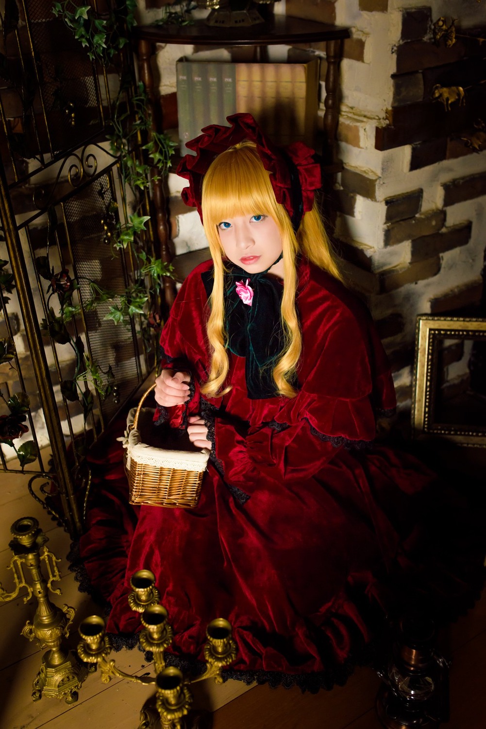 1girl bangs blonde_hair blue_eyes bonnet bow dress flower frills long_hair looking_at_viewer red_dress rose shinku solo